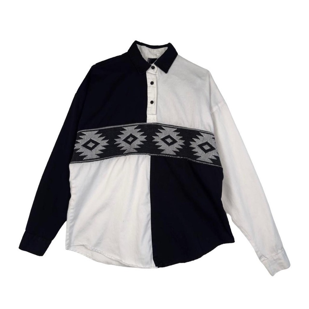 Vintage 90s Roper Black White Colorblock Geometric Aztec Tapestry Western Shirt